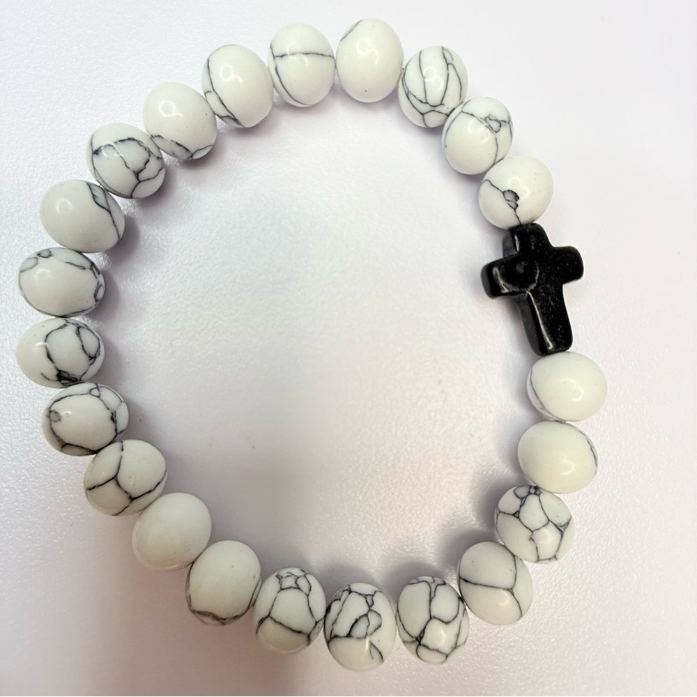 White Beaded Bracelet with Black Cross NWT